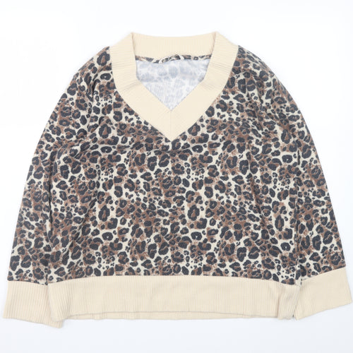 Tu Women Beige Leopard Print V-Neck Pullover Jumper Size M