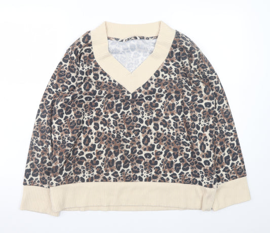 Tu Women Beige Leopard Print V-Neck Pullover Jumper Size M
