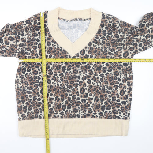 Tu Women Beige Leopard Print V-Neck Pullover Jumper Size M
