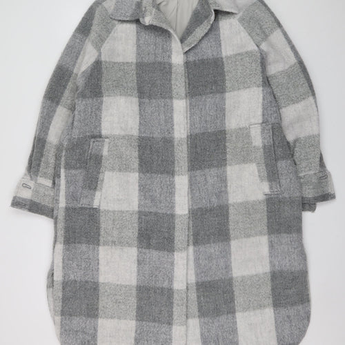 H&M Women Grey Check Long Wool Blend Overcoat Size M