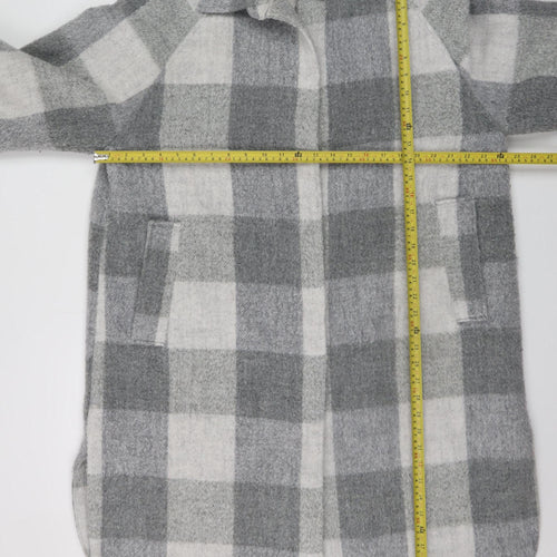 H&M Women Grey Check Long Wool Blend Overcoat Size M