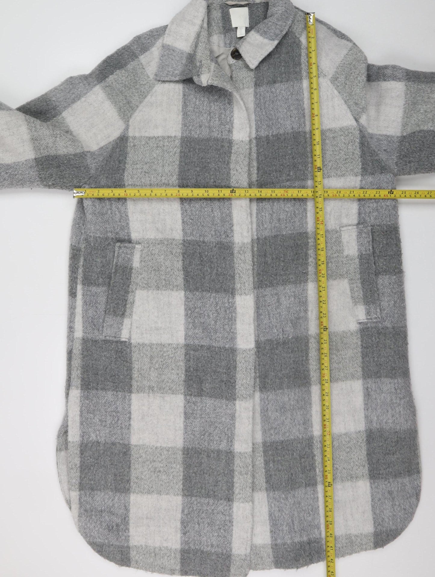 H&M Women Grey Check Long Wool Blend Overcoat Size M