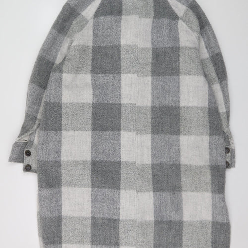 H&M Women Grey Check Long Wool Blend Overcoat Size M