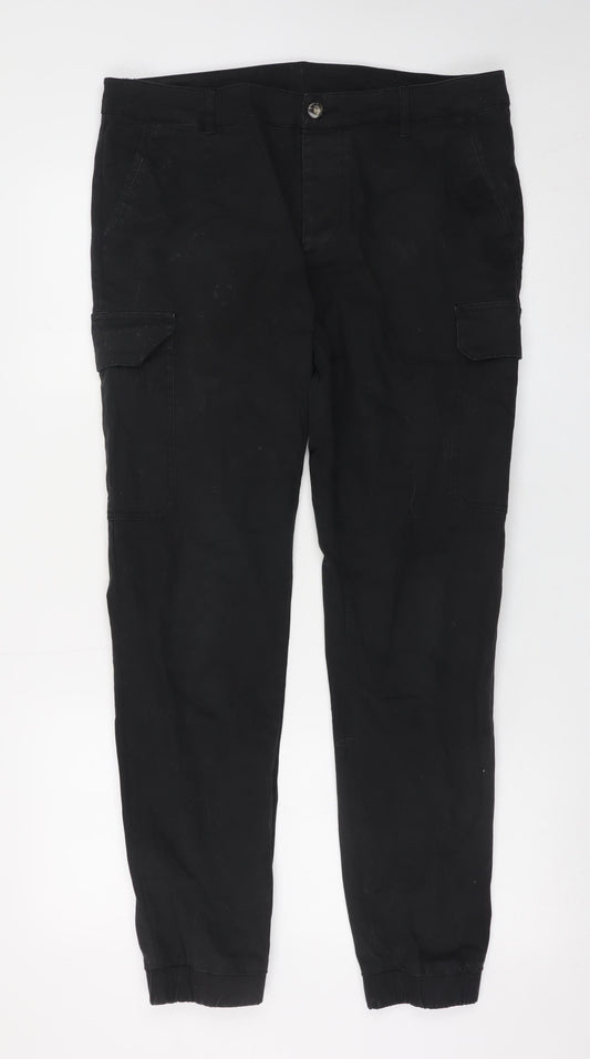 ASOS Men's Black Cargo Jeans 34W 32L Cotton Stretch Tapered Fit