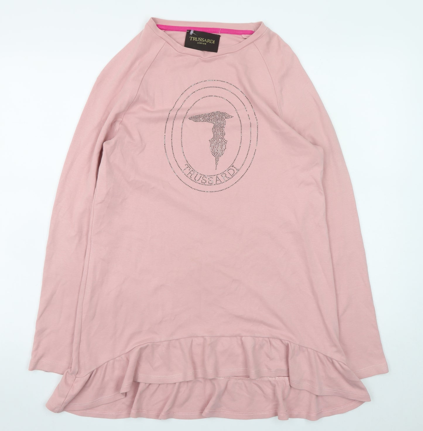 Trussardi Junior Girls Pink Cotton Rhinestone Logo Long Sleeve T-Shirt Dress 16 Years