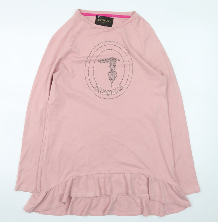 Trussardi Junior Girls Pink Cotton Rhinestone Logo Long Sleeve T-Shirt Dress 16 Years