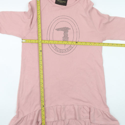 Trussardi Junior Girls Pink Cotton Rhinestone Logo Long Sleeve T-Shirt Dress 16 Years
