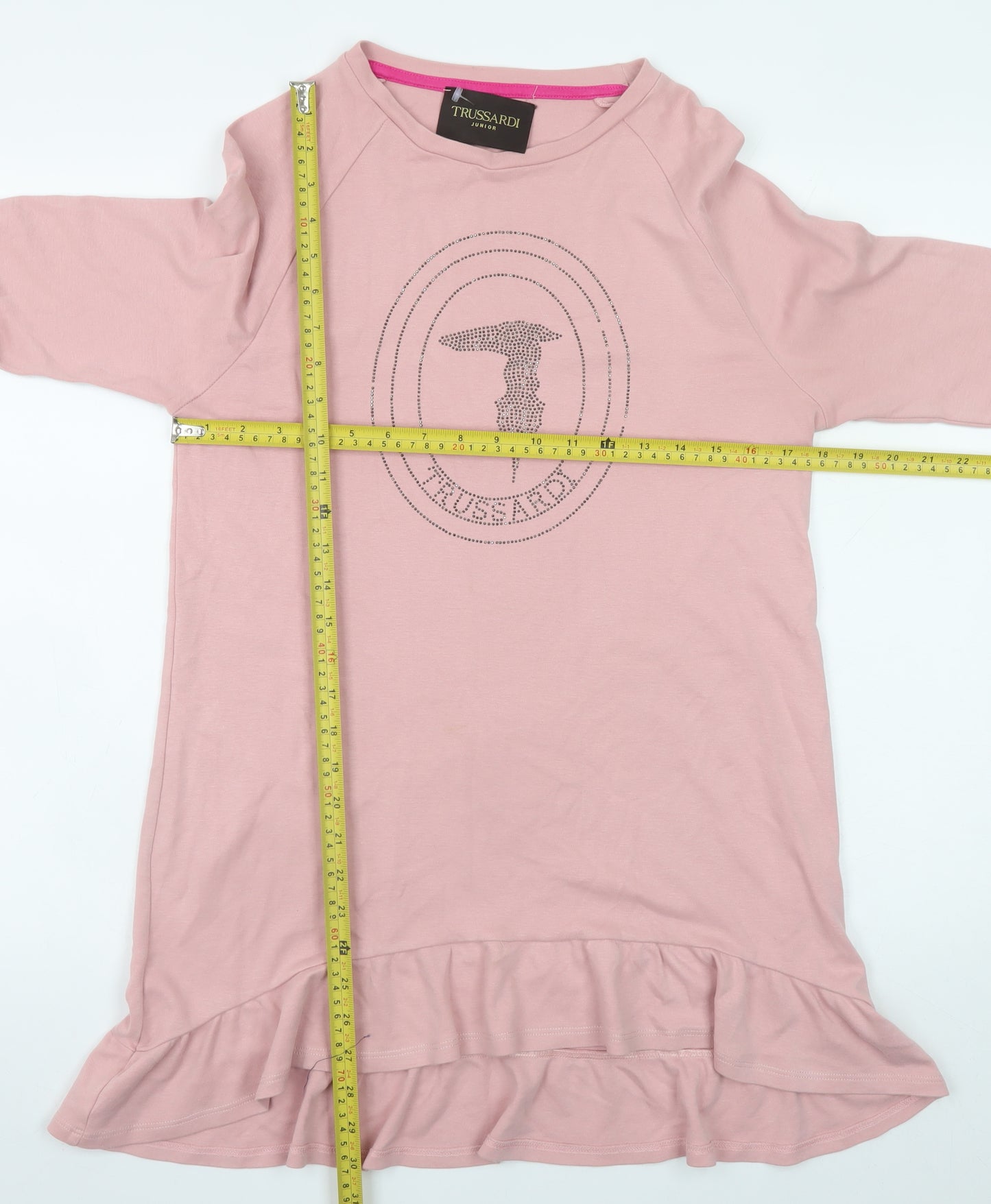 Trussardi Junior Girls Pink Cotton Rhinestone Logo Long Sleeve T-Shirt Dress 16 Years