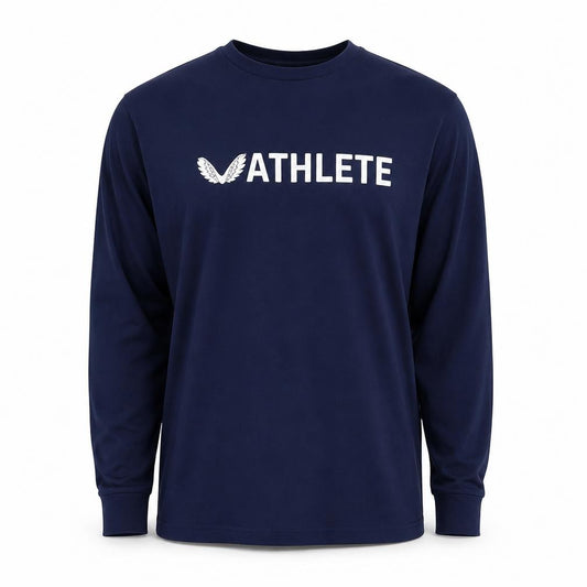 Front view of Castore Men's Navy Long Sleeve Athletic Crew Neck T-Shirt, size L