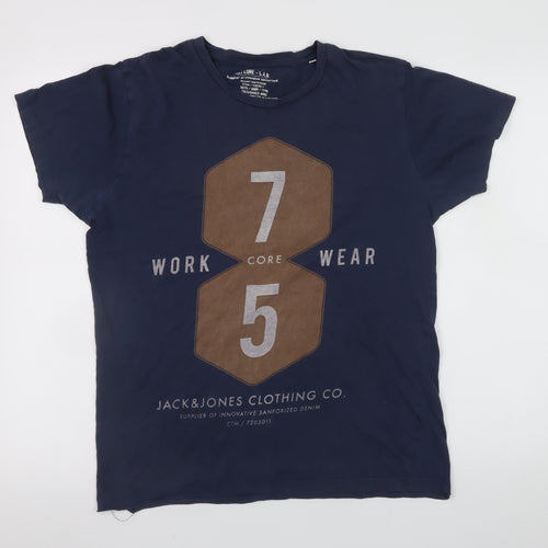 Jack & Jones Men's Blue Graphic Workwear T-Shirt Size L