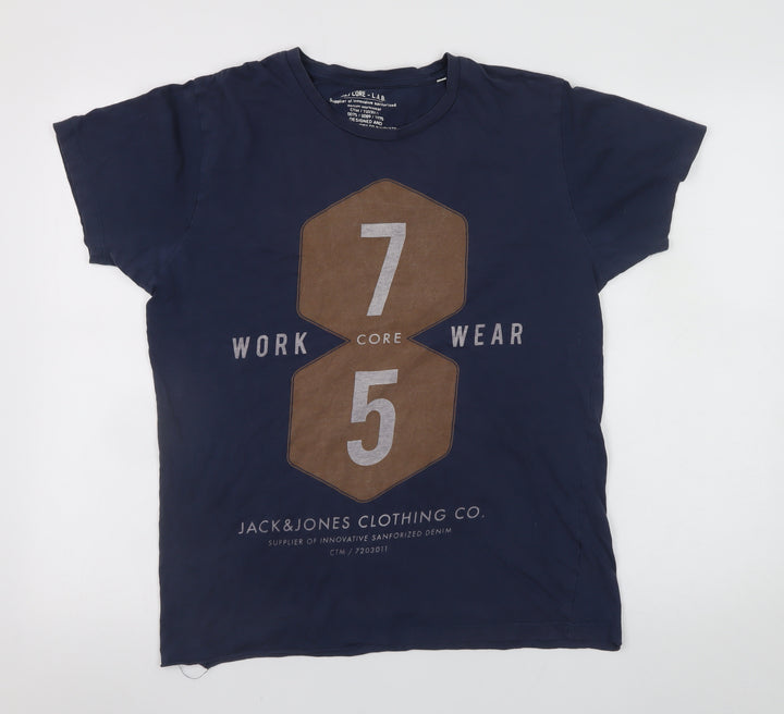 Jack & Jones Men's Blue Graphic Workwear T-Shirt Size L