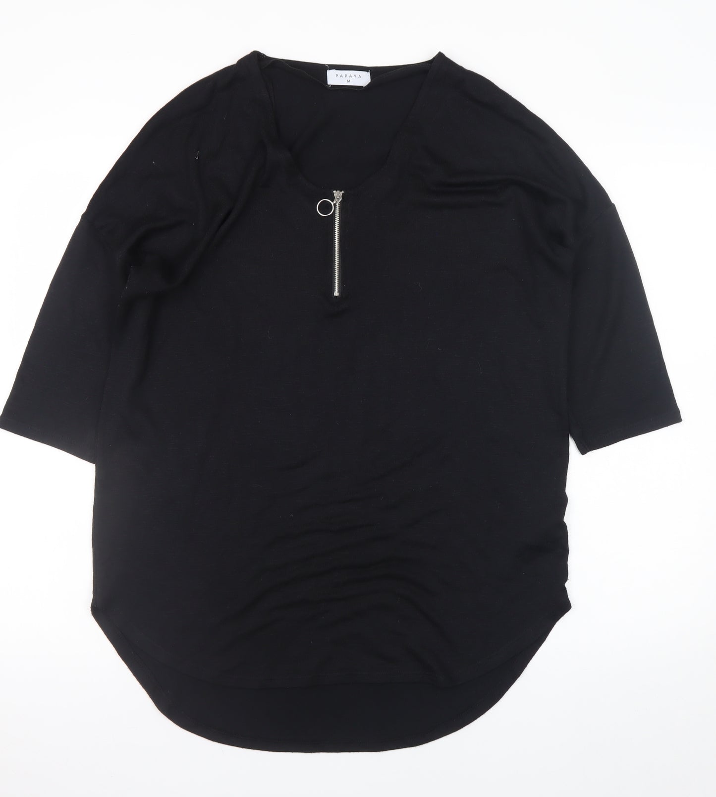 Papaya Women’s Black 3/4 Sleeve Zip V-Neck Relaxed T-Shirt M