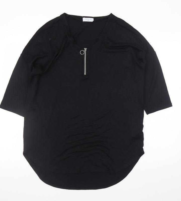Papaya Women’s Black 3/4 Sleeve Zip V-Neck Relaxed T-Shirt M