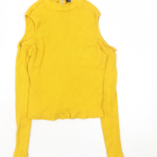 H&M Women Yellow Mock Neck Cold Shoulder Ribbed Top Size M