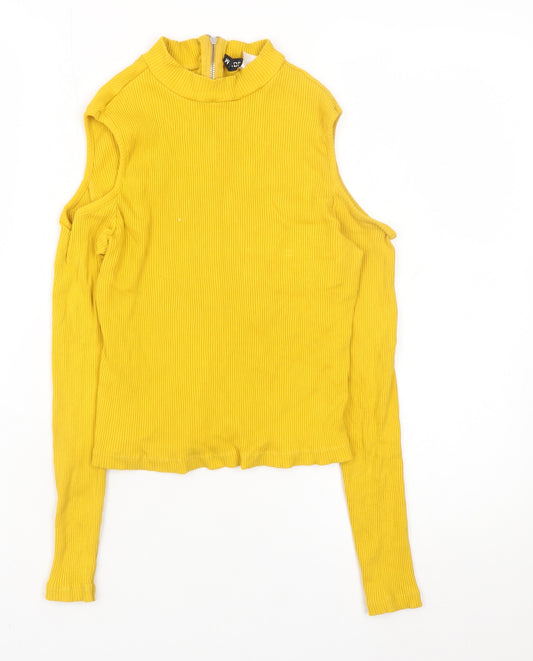 H&M Women Yellow Mock Neck Cold Shoulder Ribbed Top Size M