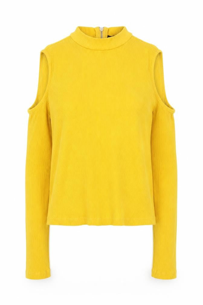 Front view of H&M Women Yellow Mock Neck Cold Shoulder Ribbed Top, size M