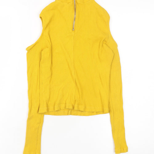 H&M Women Yellow Mock Neck Cold Shoulder Ribbed Top Size M
