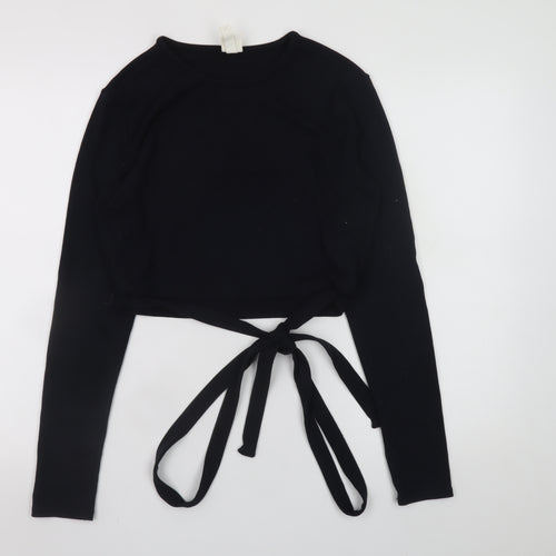 H&M Women’s Black Cropped Tie Waist Long Sleeve Jersey Top Size 12