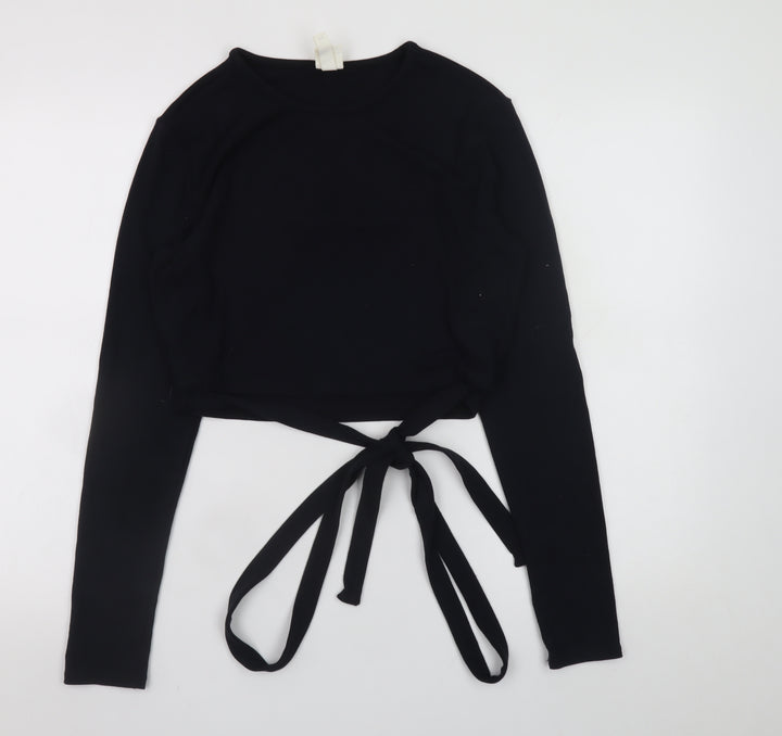 H&M Women’s Black Cropped Tie Waist Long Sleeve Jersey Top Size 12