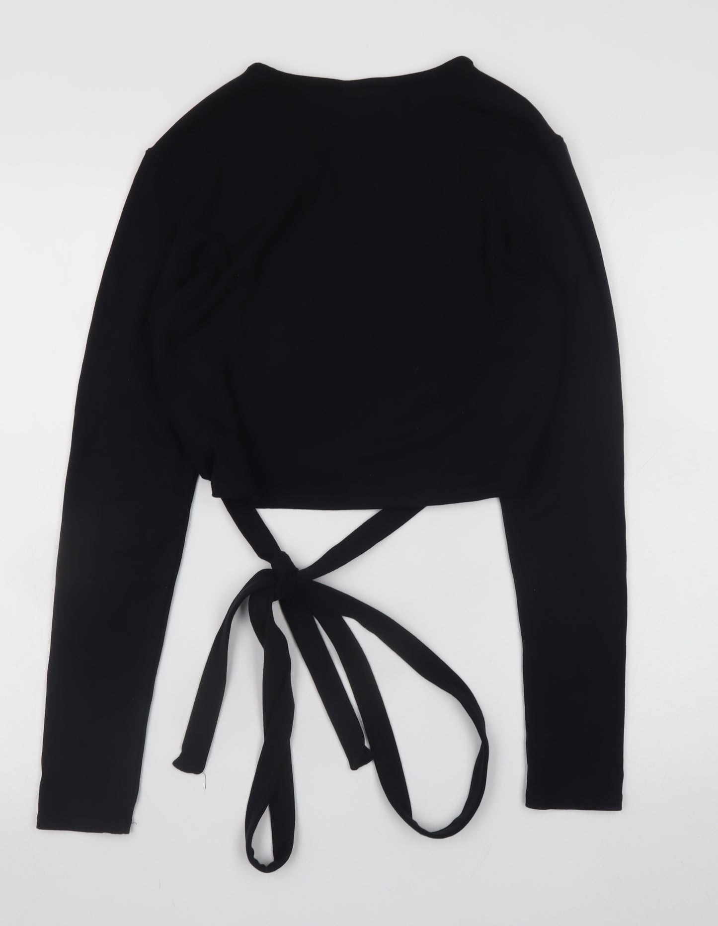 H&M Women’s Black Cropped Tie Waist Long Sleeve Jersey Top Size 12