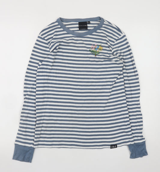 Olive & Frank Women Blue Striped Embroidered Cotton Long Sleeve T-Shirt M