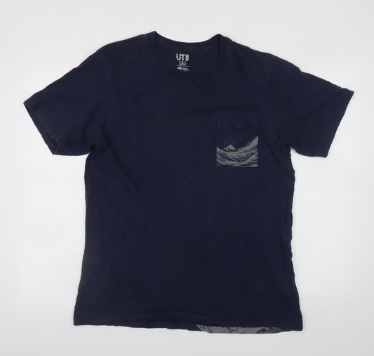 Uniqlo Men Navy Blue Art Print Cotton T-Shirt Size L