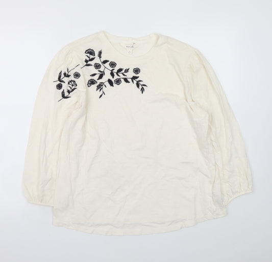 Marks and Spencer Per Una Ivory Embroidered Long Sleeve Cotton Top Size 14