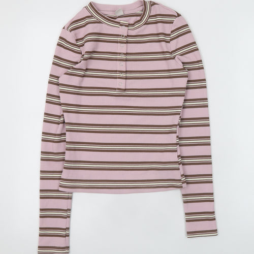 Musera Womens Pink Striped Henley Long Sleeve T-Shirt XS