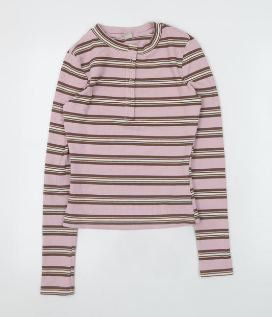 Musera Womens Pink Striped Henley Long Sleeve T-Shirt XS