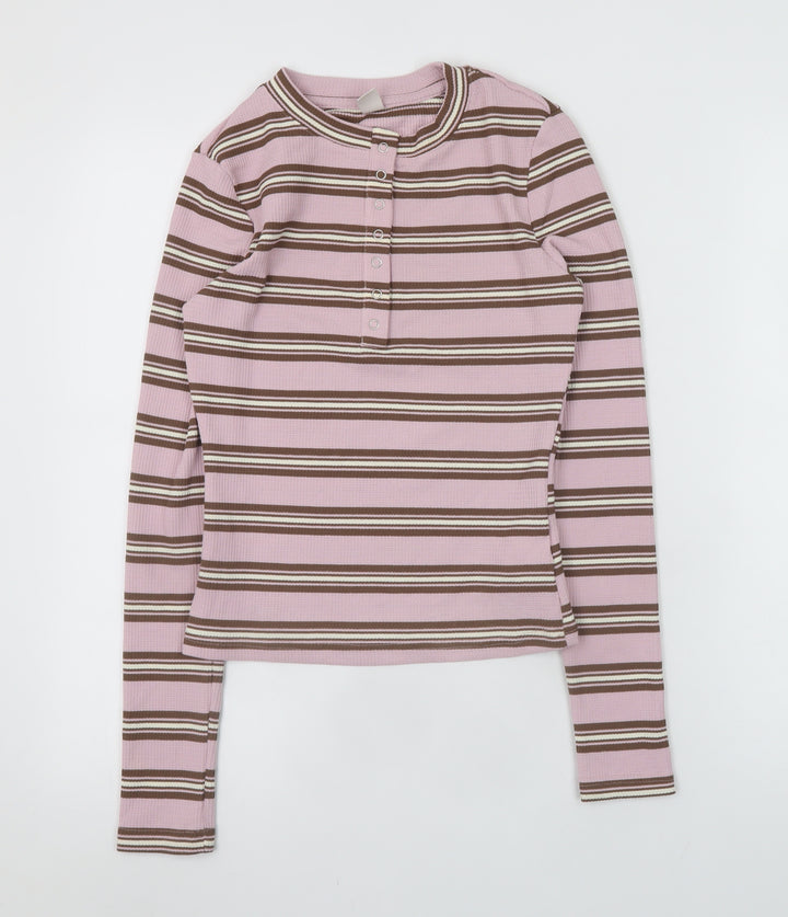 Musera Womens Pink Striped Henley Long Sleeve T-Shirt XS