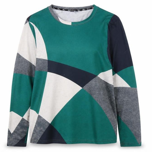 ShallWe Women's Green Abstract Geometric Long Sleeve T-Shirt Size L