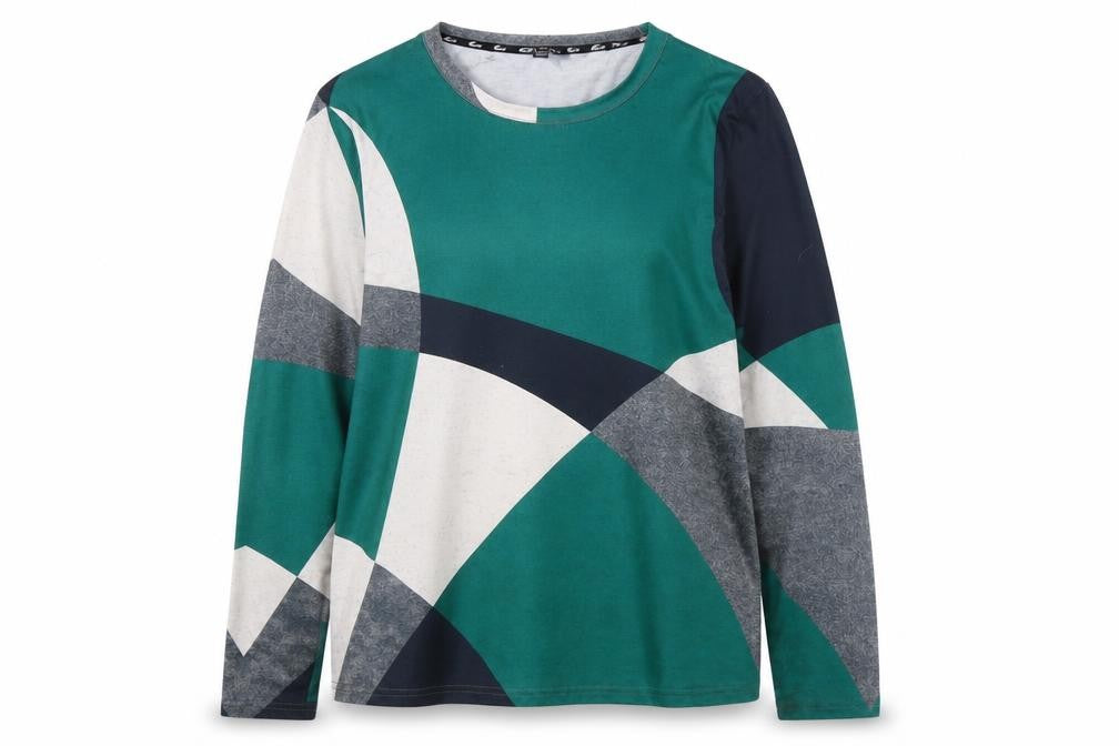 ShallWe Women's Green Abstract Geometric Long Sleeve T-Shirt Size L