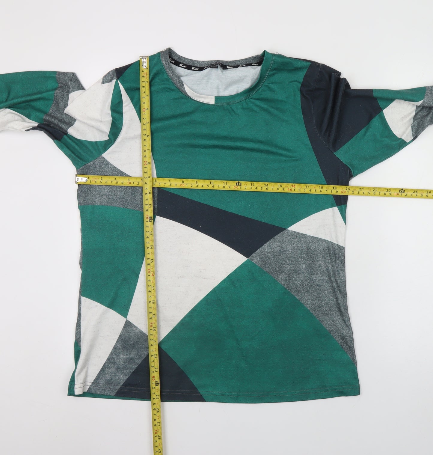 ShallWe Women's Green Abstract Geometric Long Sleeve T-Shirt Size L
