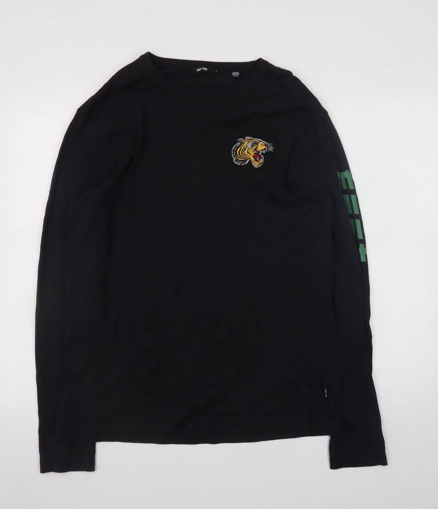 ONLY & SONS Men's Black XL Long Sleeve Tiger Graphic T-Shirt