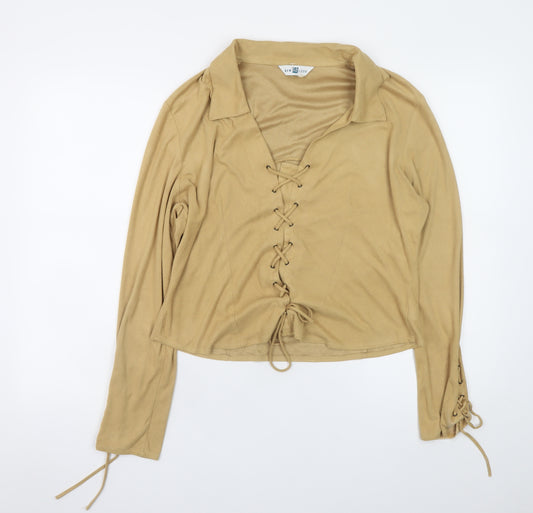 New Look Women's Beige Lace Up Long Sleeve Tunic Blouse Size 18