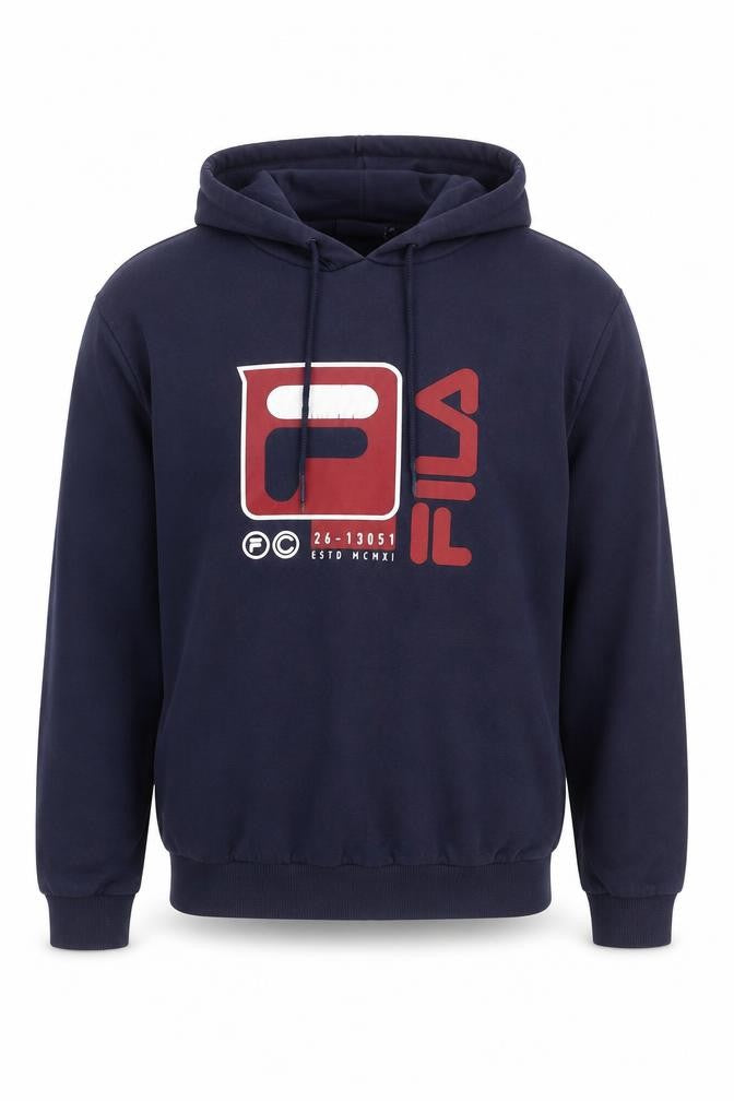 Front view of Fila Men’s Blue Pullover Hoodie L Logo Graphic Sportswear