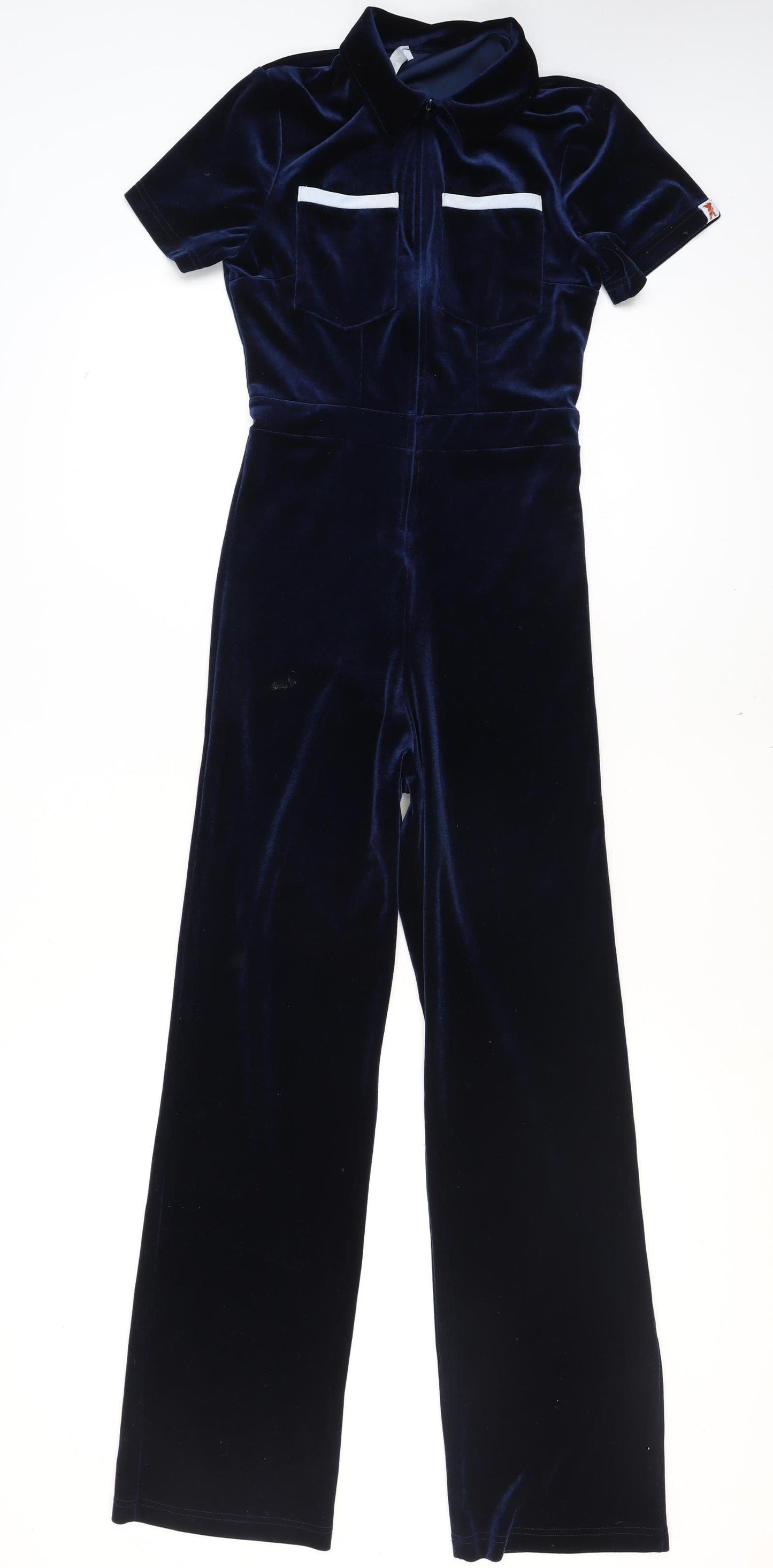 Peachy Den Women's Blue Velvet Collared Zip Jumpsuit Size M