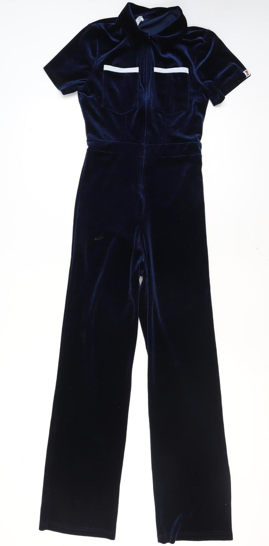 Peachy Den Women's Blue Velvet Collared Zip Jumpsuit Size M