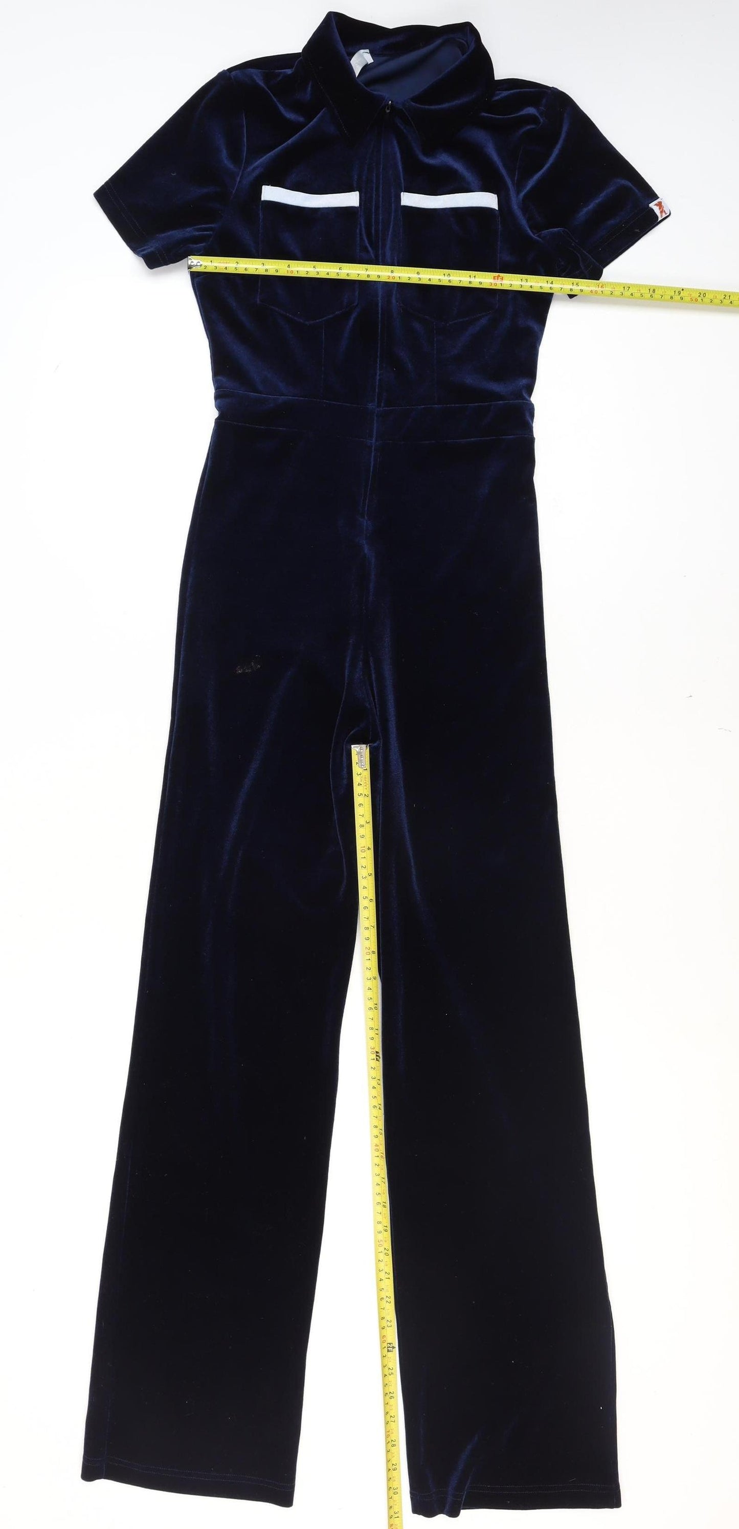 Peachy Den Women's Blue Velvet Collared Zip Jumpsuit Size M