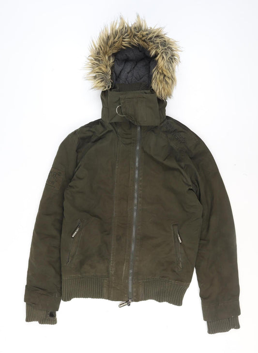 Superdry Men's Green Fur Hooded Bomber Jacket Size S