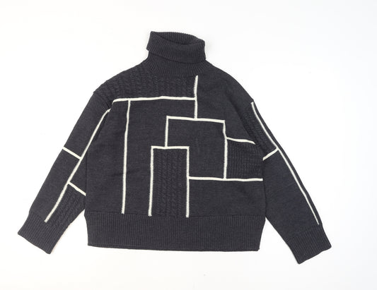 Jaeger Women Grey Merino Wool Roll Neck Cable Knit Jumper M