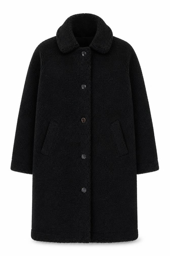 Front view of DECJUBA unisex black fleece button mid-length overcoat s
