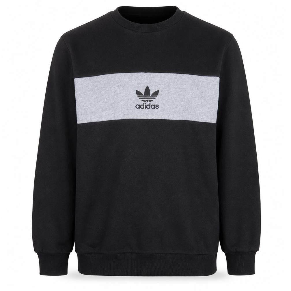 Front view of Adidas men’s black grey crew neck logo pullover sweatshirt s