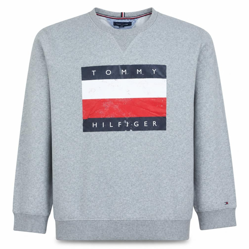 Front view of Tommy Hilfiger Men’s Grey 2XL Pullover Logo Sweatshirt