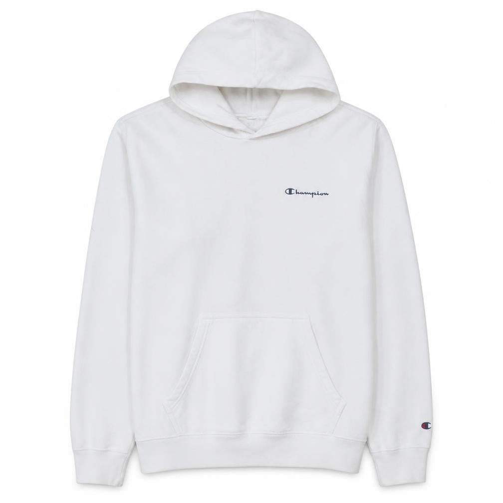 Front view of Champion Men’s White Hoodie Medium Pullover Logo Fleece Sweatshirt