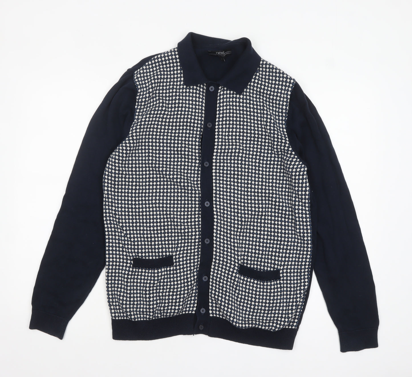 Next Men's Blue Collared Cotton Cardigan Large Geometric Knit