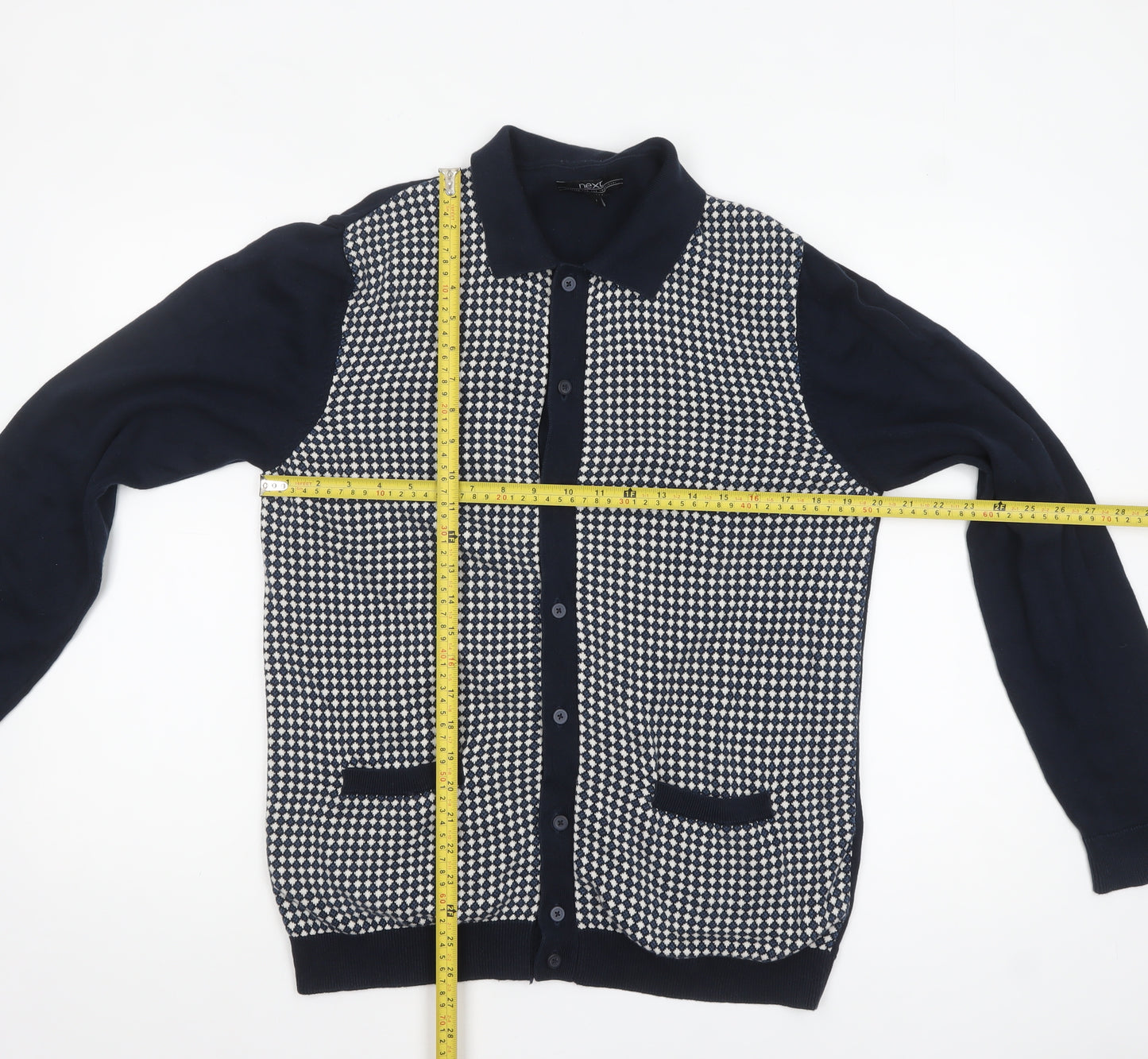 Next Men's Blue Collared Cotton Cardigan Large Geometric Knit