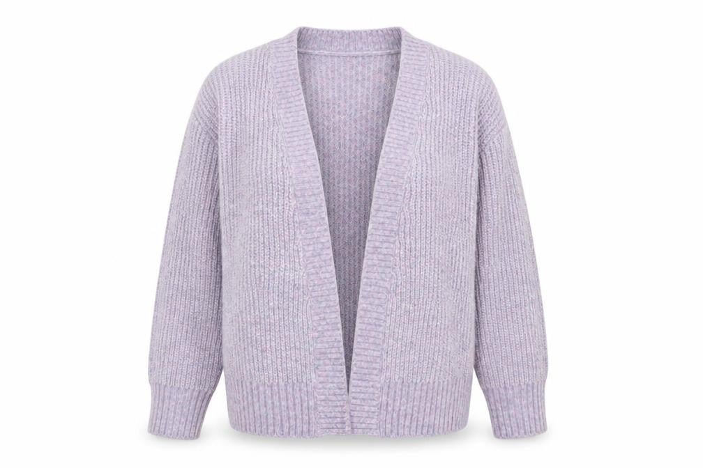Front view of Nutmeg women’s purple chunky knit open cardigan, size UK 8-10