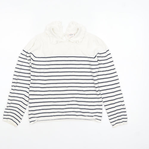 Tape à L’Oeil Girls Ivory Navy Striped Cotton Ruffle Neck Pullover Jumper 10 Years