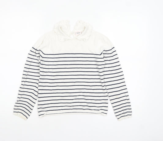 Tape à L’Oeil Girls Ivory Navy Striped Cotton Ruffle Neck Pullover Jumper 10 Years
